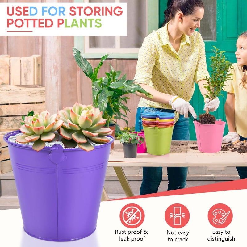 OBTANIM 7 Pack Colorful Metal Buckets with Handle Galvanized Ice Pails for Plants, Succulents, Party Favors Organizing, Rustic Home Decor or Classrooms Pencil Storage (6 x 4.4 inch) - Image 4